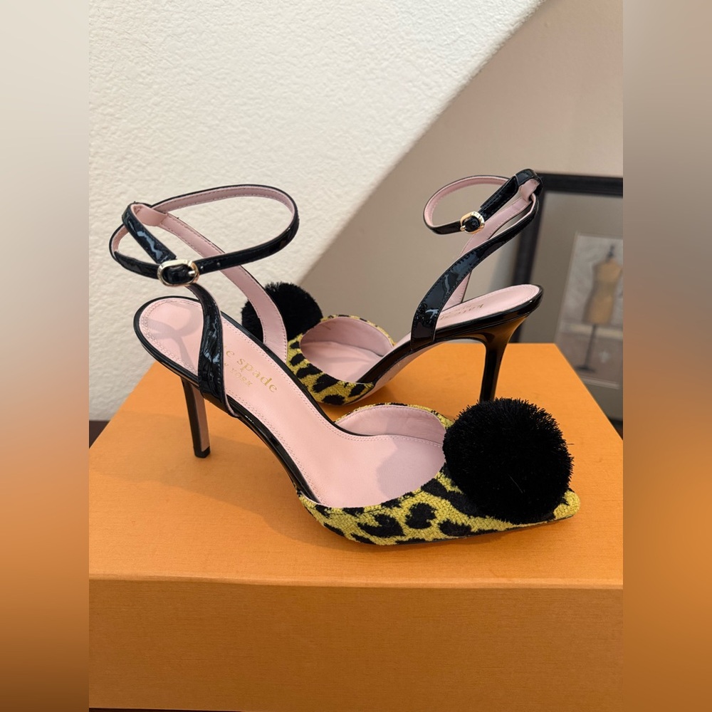 Kate Spade Amour Pom Leopard Chenille Black Pom-Poms 3.5” Ankle Strap Heels